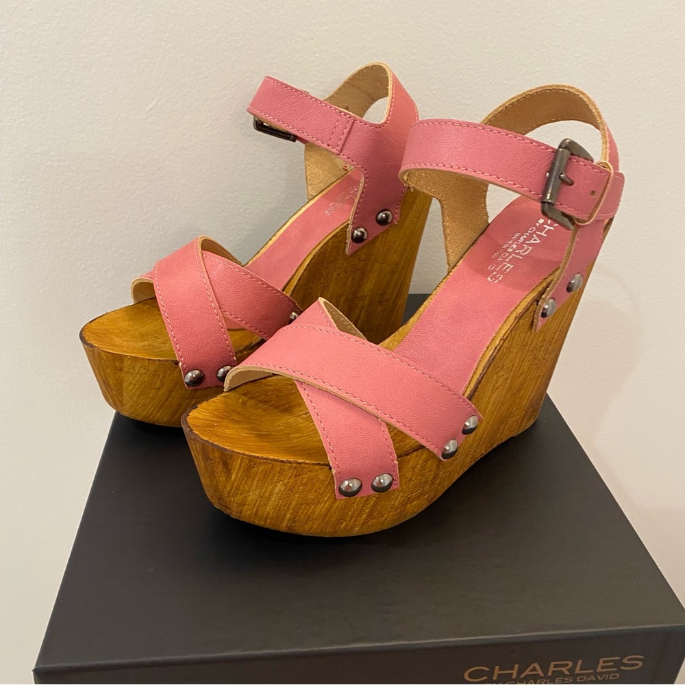 Charles David Pink leather Platform Wedge Sandals faux weed heel NEW in box 6